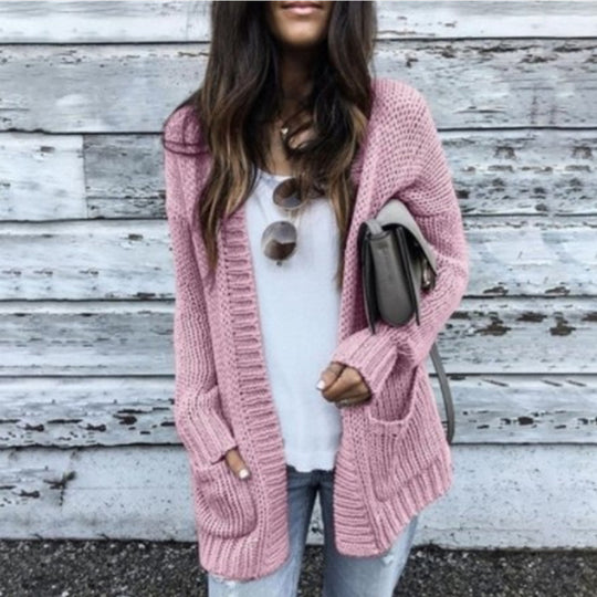 Damen Grobstrickcardigan mit großen Taschen und offener Front Fudus