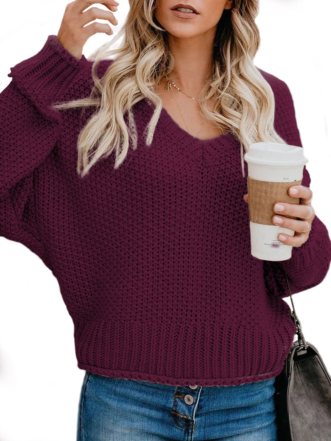 Damen Grobstrickpullover mit V-Ausschnitt und lässiger Passform Fudus