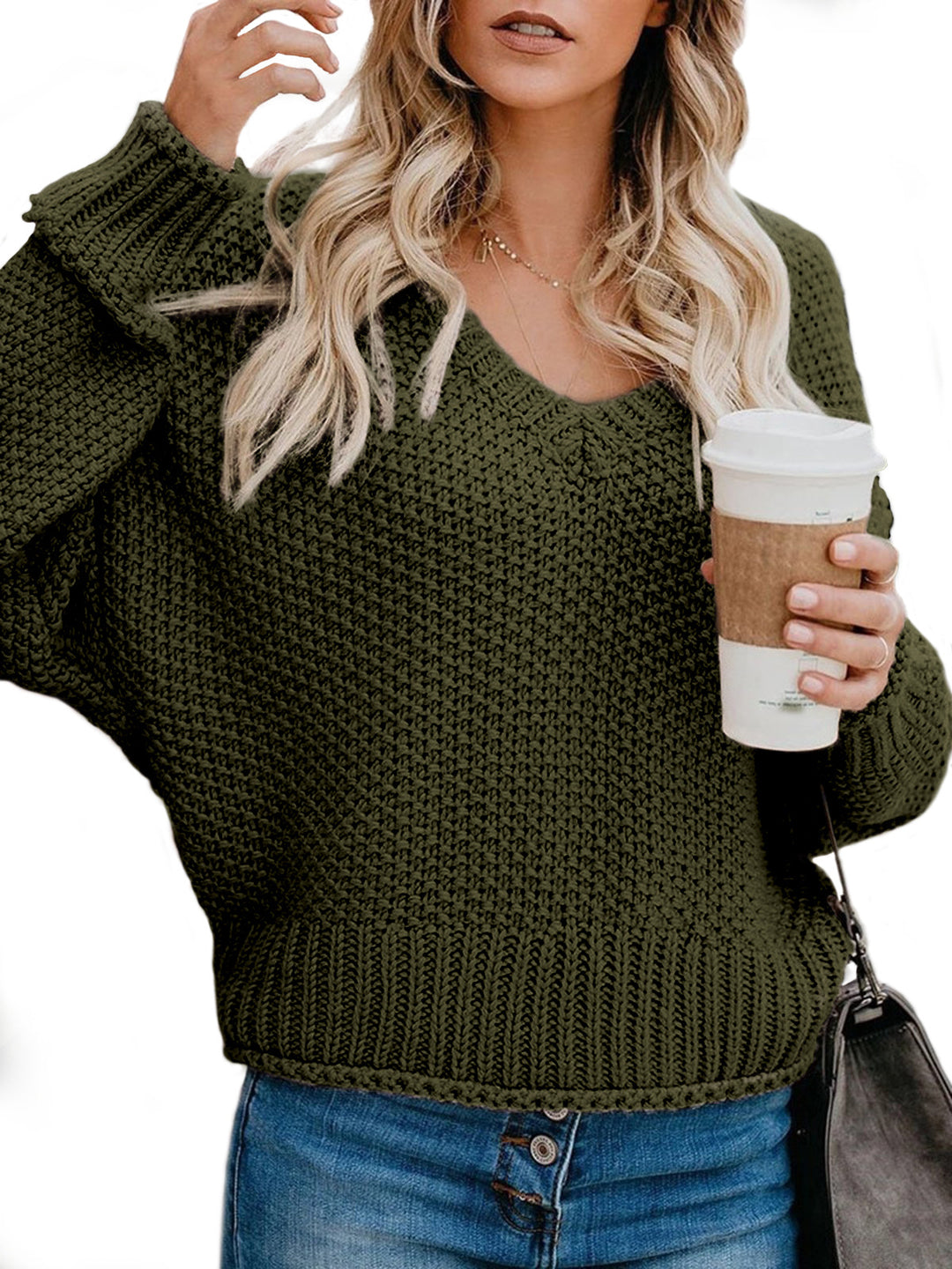 Damen Grobstrickpullover mit V-Ausschnitt und lässiger Passform Fudus