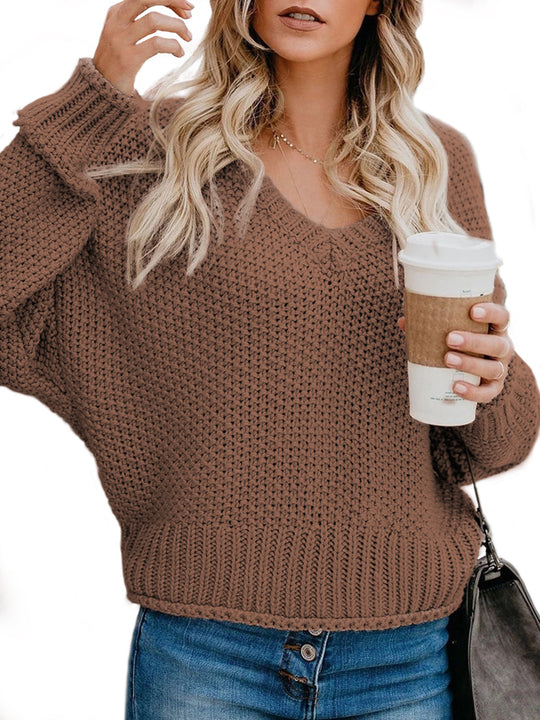 Damen Grobstrickpullover mit V-Ausschnitt und lässiger Passform Fudus