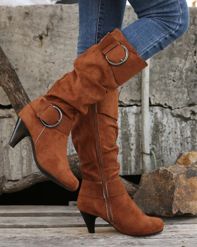 Damen Stiefel Absatz Wildlederlook Schnallen Reißverschluss