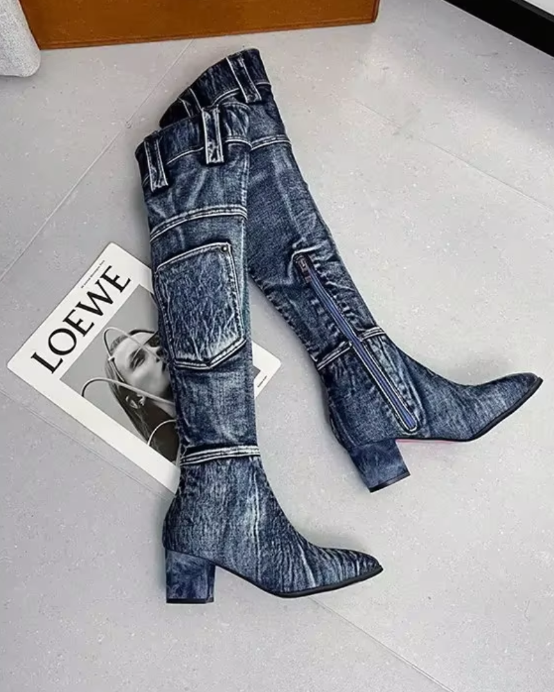 Damen Kniehohe Stiefel Blockabsatz Modisch