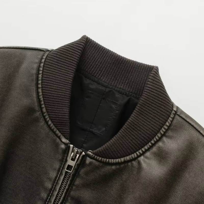 Damen Lederjacke Bombermodell mit gerippten Bündchen und Reißverschlusstaschen