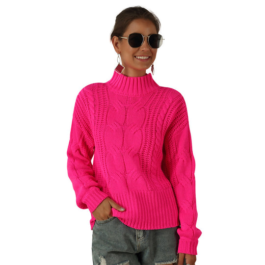 Damen Grobstrickpullover mit hohem Kragen und strukturiertem Zopfmuster Fudus