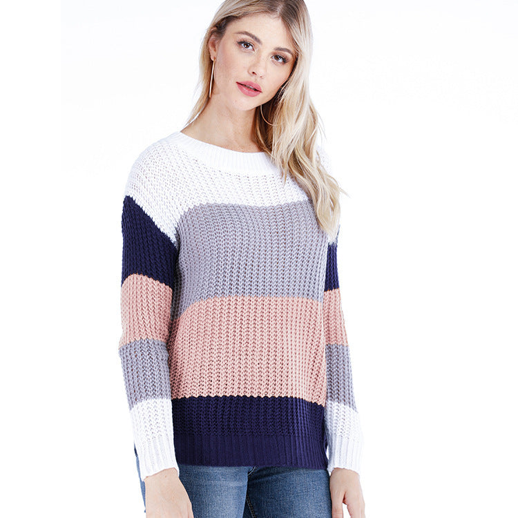 Damen Grobstrick Pullover mit modernem Farbmuster Fudus