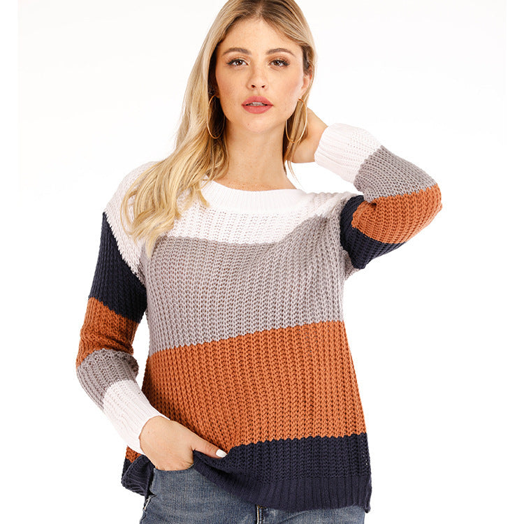 Damen Grobstrick Pullover mit modernem Farbmuster Fudus