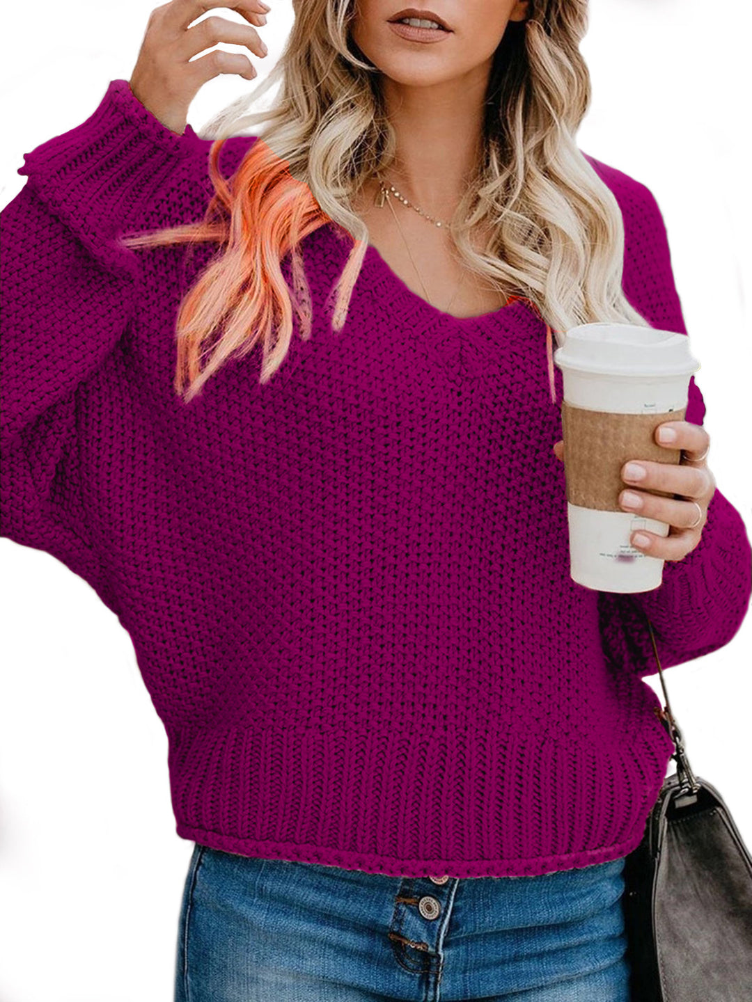 Damen Grobstrickpullover mit V-Ausschnitt und lässiger Passform Fudus