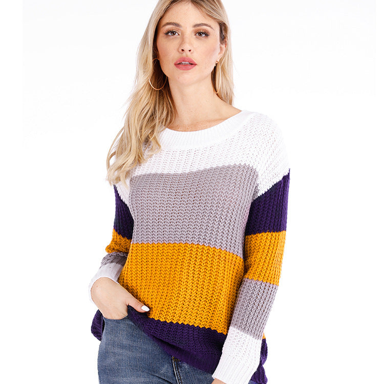 Damen Grobstrick Pullover mit trendigem Blockstreifenmuster Fudus