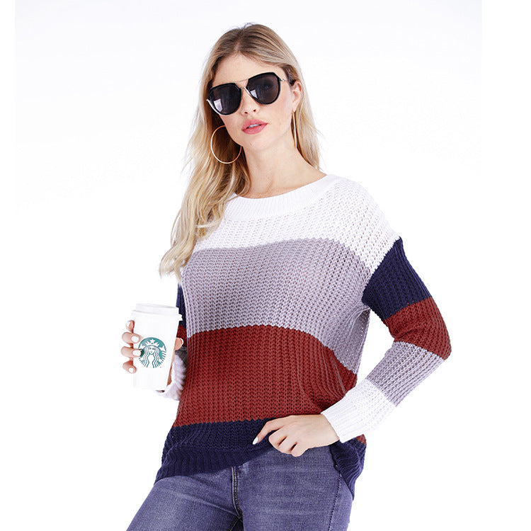 Damen Grobstrick Pullover mit trendigem Blockstreifenmuster Fudus