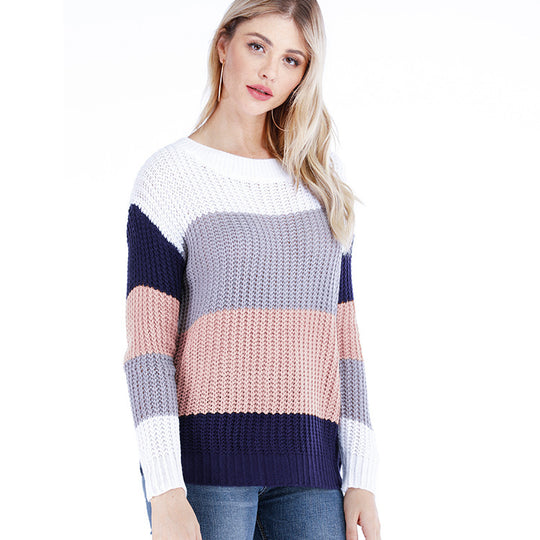 Damen Grobstrick Pullover mit trendigem Blockstreifenmuster Fudus