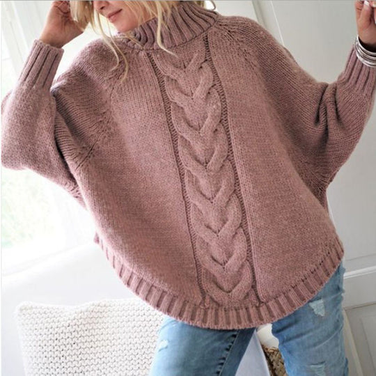 Damen Grobstrick Pullover mit Rollkragen und Zopfmuster Fudus