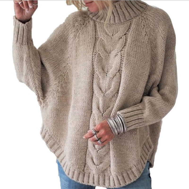 Damen Grobstrick Pullover mit Rollkragen und Zopfmuster Fudus