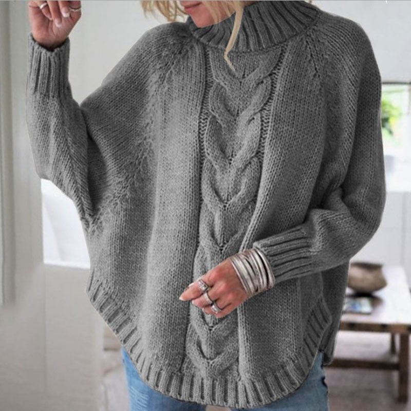 Damen Grobstrick Pullover mit Rollkragen und Zopfmuster Fudus