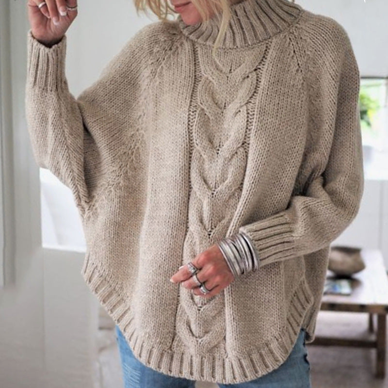 Damen Grobstrick Pullover mit Rollkragen und Zopfmuster Fudus