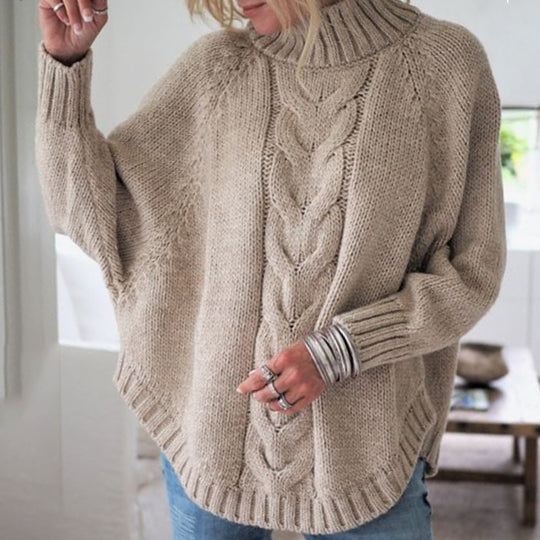 Damen Grobstrick Pullover mit Rollkragen und Zopfmuster Fudus