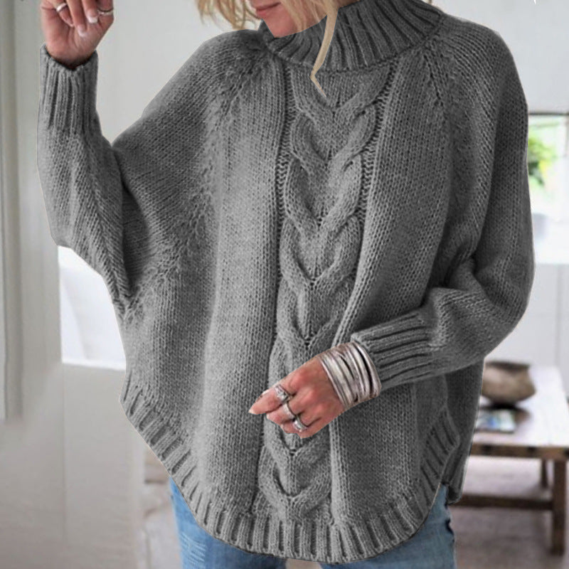 Damen Grobstrick Pullover mit Rollkragen und Zopfmuster Fudus