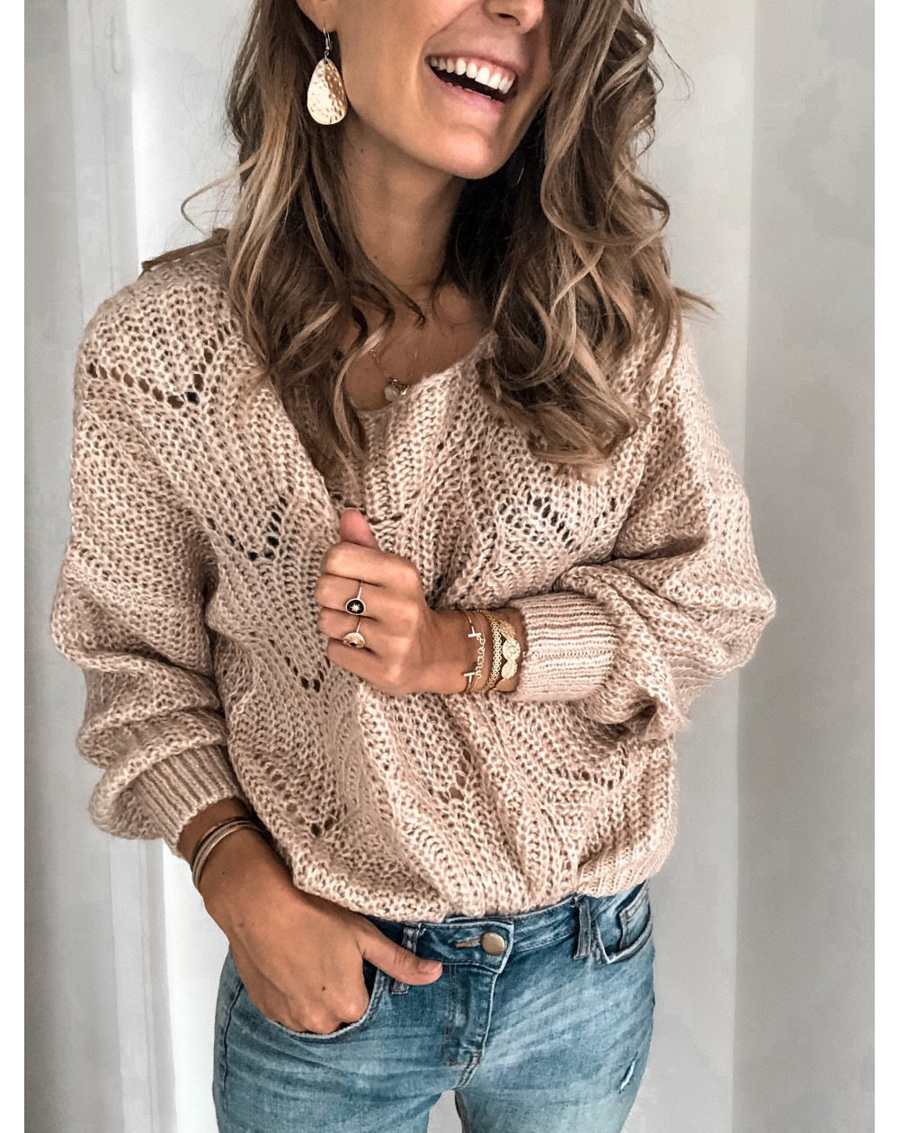 Damen Grobstrickpullover mit luftiger Maschenstruktur und modernem Zopfdesign Fudus