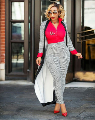 Damen Langer Cardigan mit trendigem Karomuster und praktischen Taschen Fudus