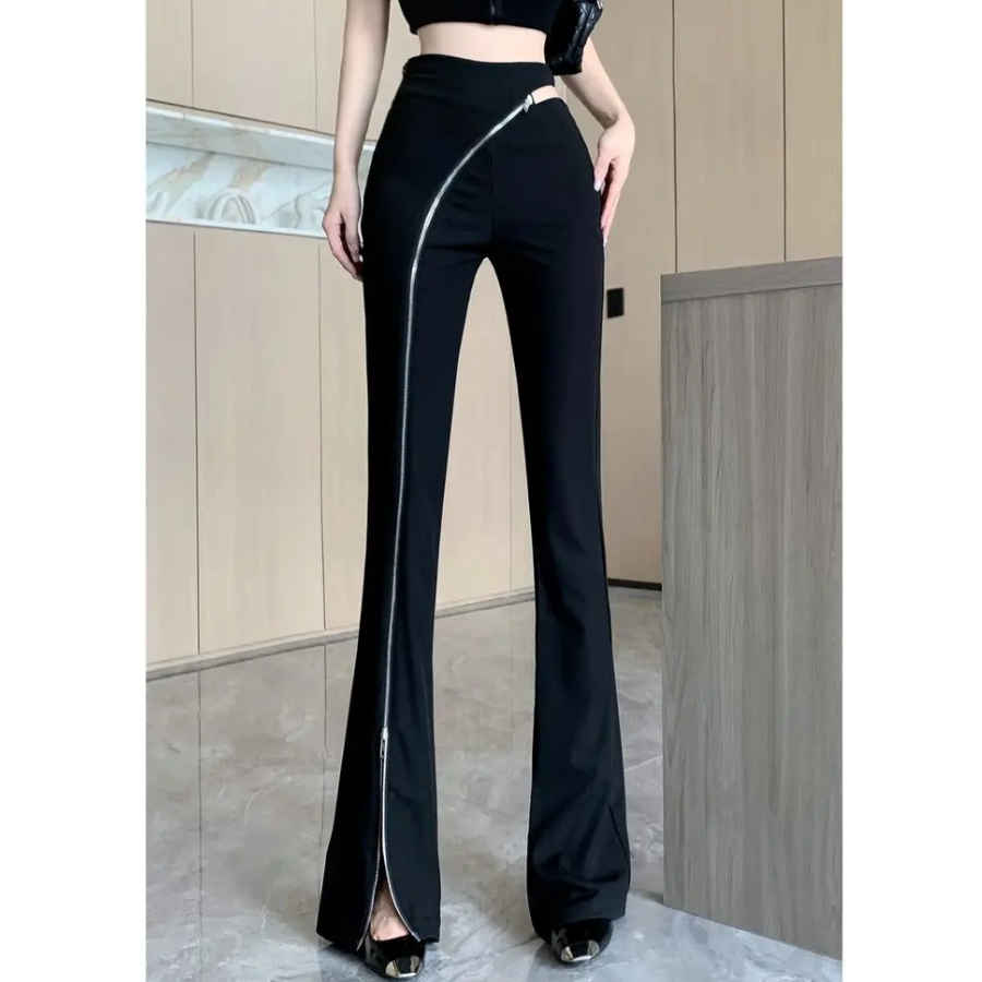 Flared Hose Damen mit Asymmetrischem Reißverschluss und Hoher Taille