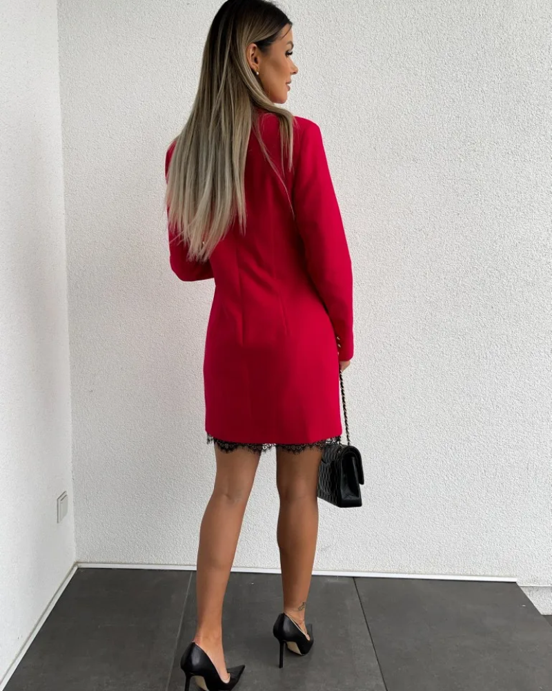 Blazer Kleid Damen Mit Spitzen Saum und Doppelknöpfen