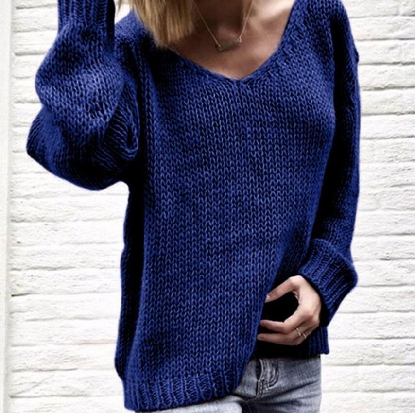 Damen Grobstrickpullover mit tiefem V-Ausschnitt und lässigem Schnitt Fudus