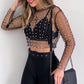 Damen Sheer Perlenverziertes Crop Top Mit Eleganten Details