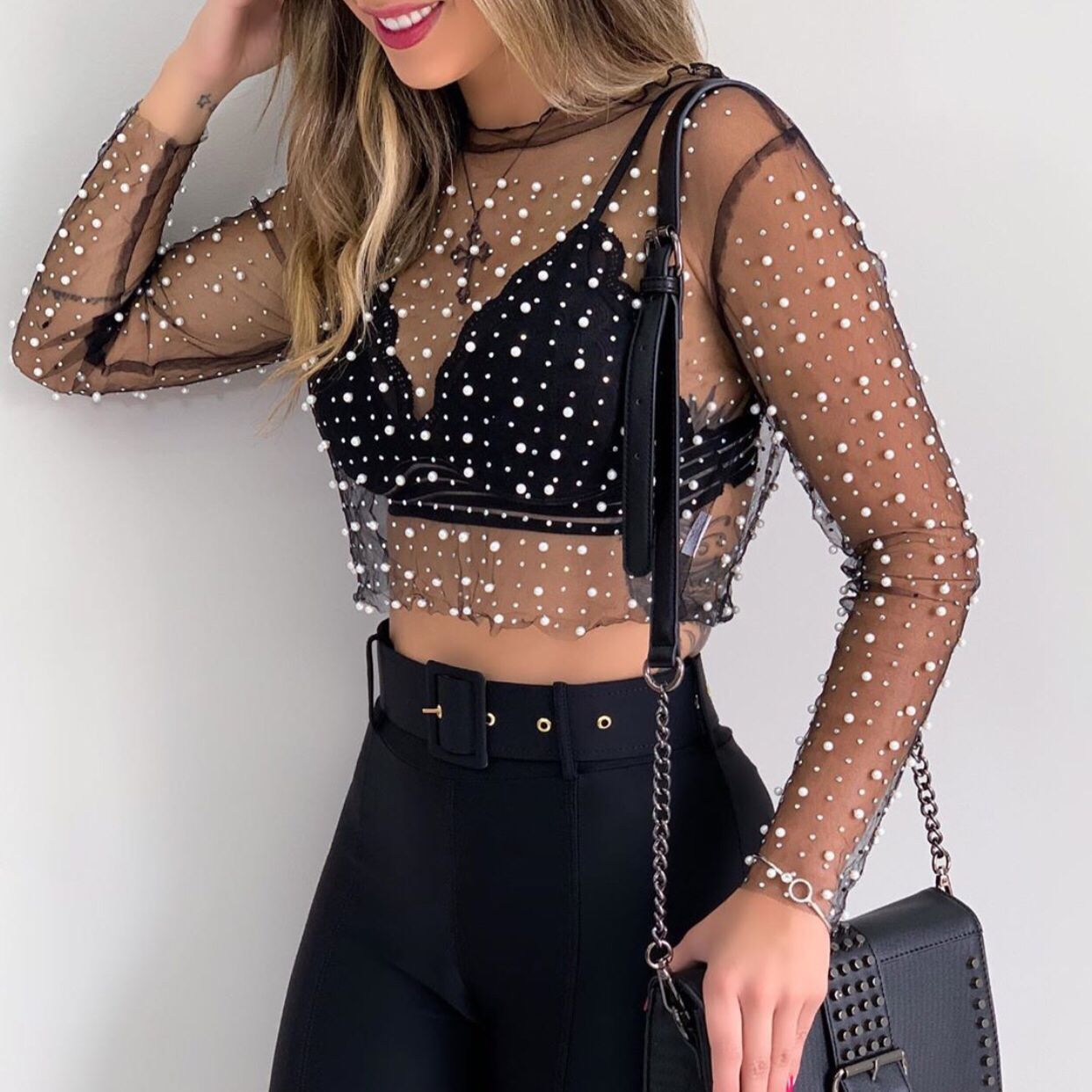 Damen Sheer Perlenverziertes Crop Top Mit Eleganten Details