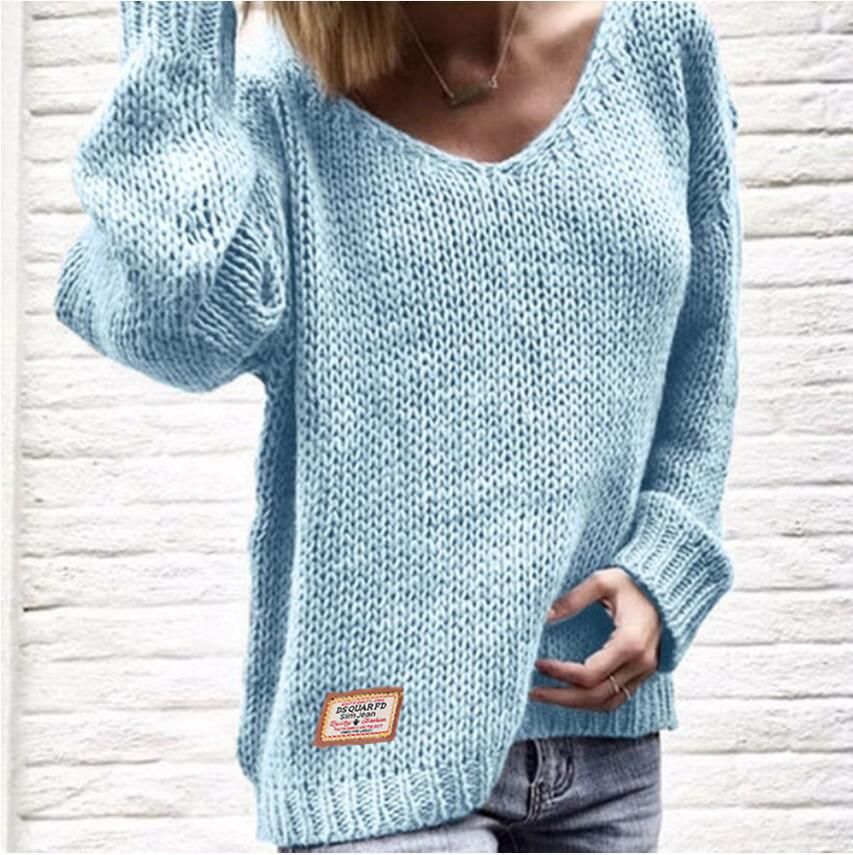 Damen Grobstrickpullover mit lässigem V-Ausschnitt und oversized Ärmeln Fudus