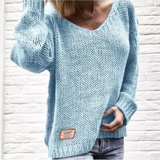 Damen Grobstrickpullover mit lässigem V-Ausschnitt und oversized Ärmeln Fudus
