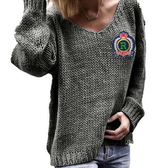 Damen Grobstrickpullover mit lässigem V-Ausschnitt und oversized Ärmeln Fudus