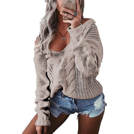 Damen kuscheliger Strickpulli mit tiefem V-Ausschnitt und raffinierten Zopfmuster Fudus