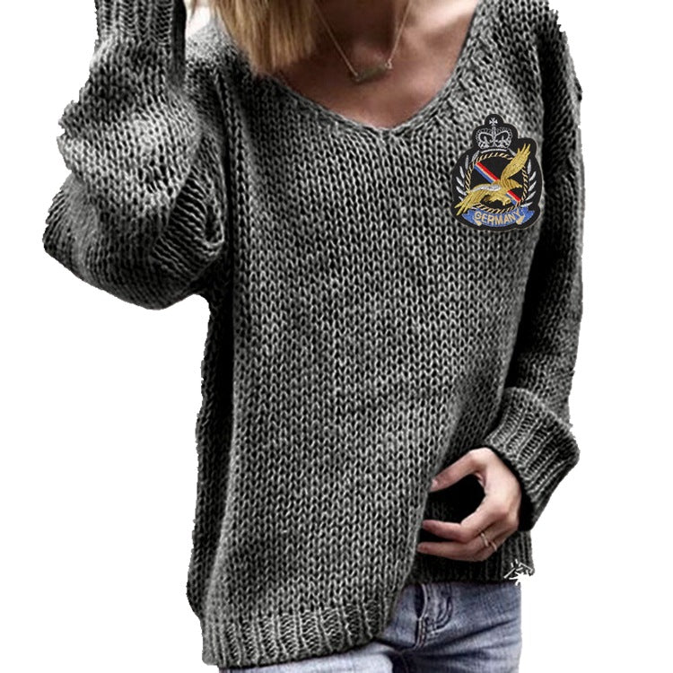 Damen Grobstrickpullover mit tiefem V-Ausschnitt und lässigem Schnitt Fudus