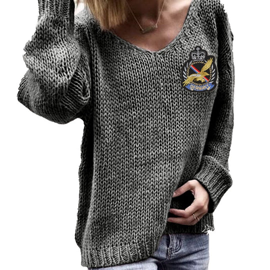 Damen Grobstrickpullover mit tiefem V-Ausschnitt und lässigem Schnitt Fudus