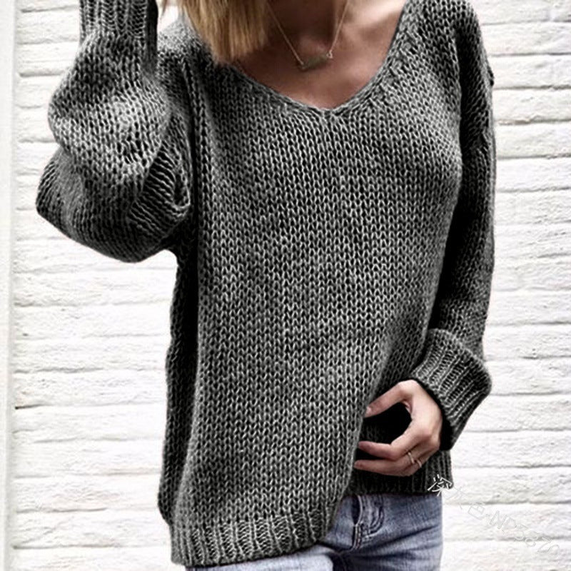 Damen Grobstrickpullover mit tiefem V-Ausschnitt und lässigem Schnitt Fudus