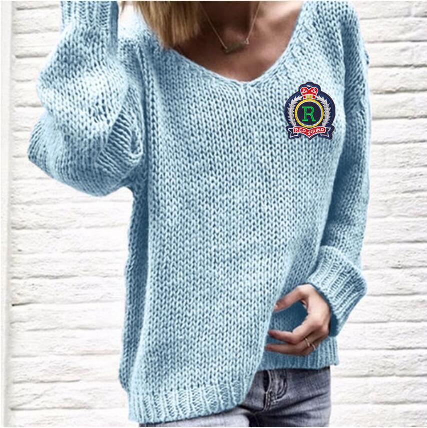 Damen Grobstrickpullover mit tiefem V-Ausschnitt und lässigem Schnitt Fudus