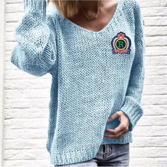 Damen Grobstrickpullover mit tiefem V-Ausschnitt und lässigem Schnitt Fudus