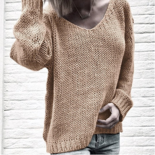 Damen Grobstrickpullover mit V-Ausschnitt und lässigem Schnitt Fudus