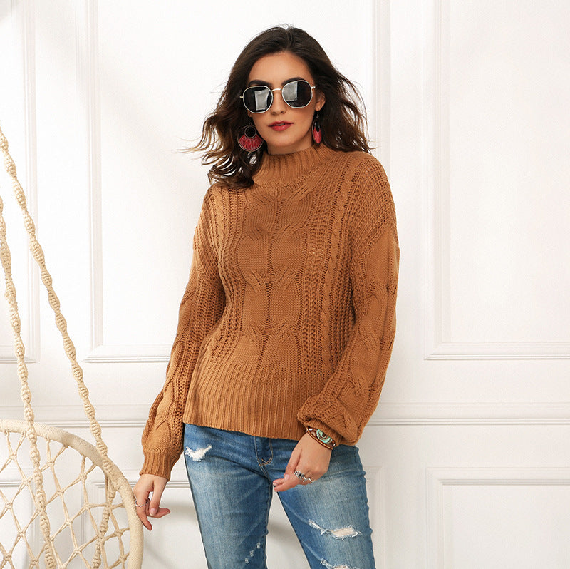 Damen Grobstrickpullover mit hohem Kragen und strukturiertem Zopfmuster Fudus