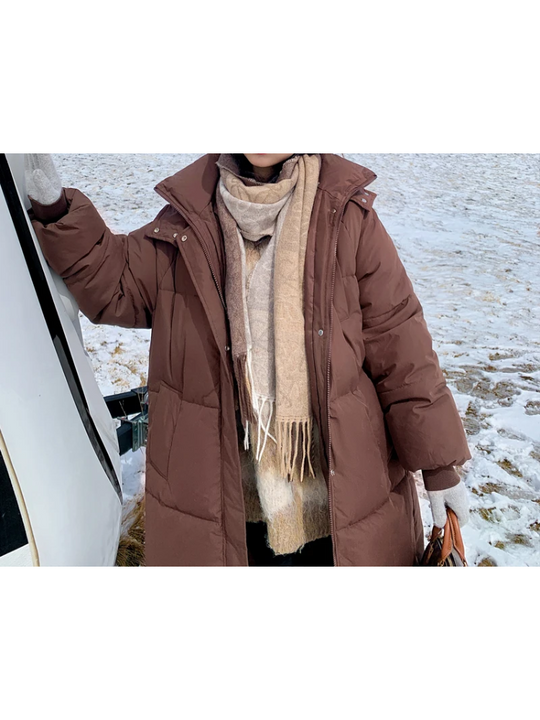 Damen Lange Oversized Steppwinterjacke mit Kapuze