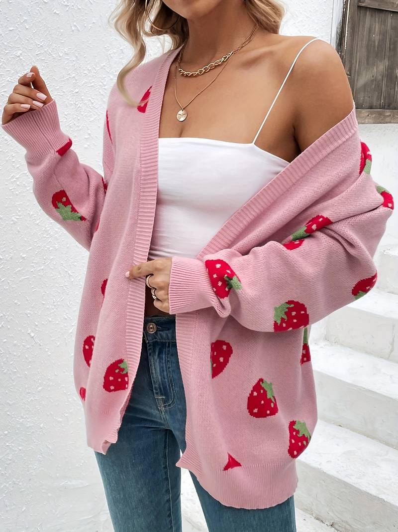 Damen Stylische Erdbeer Strickjacke Offene Vorderseite Frühling