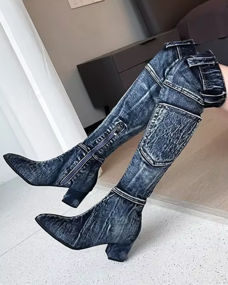 Damen Kniehohe Stiefel Blockabsatz Modisch