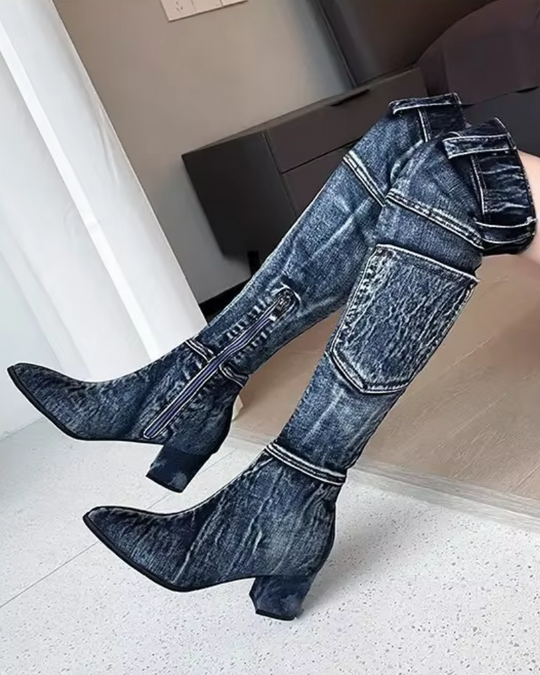 Damen Kniehohe Stiefel Blockabsatz Modisch