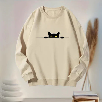 Damen Bequemes Sweatshirt mit schwarzem Katzenprint