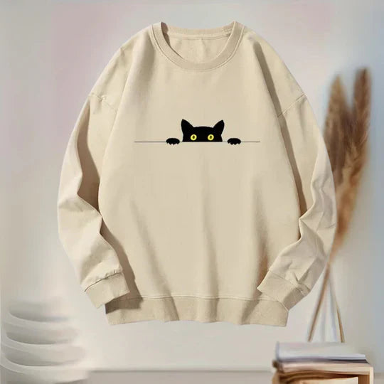 Damen Bequemes Sweatshirt mit schwarzem Katzenprint