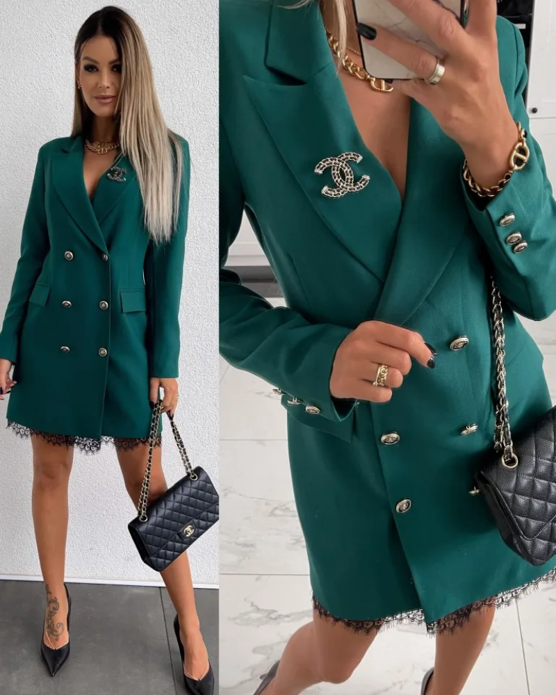 Blazer Kleid Damen Mit Spitzen Saum und Doppelknöpfen