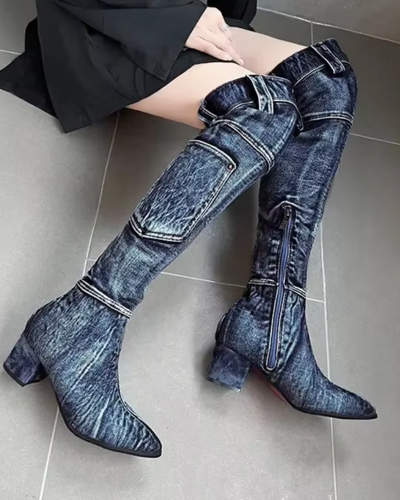 Damen Kniehohe Stiefel Blockabsatz Modisch