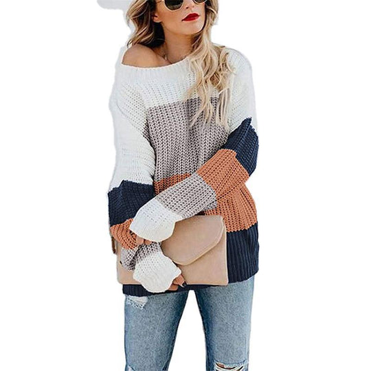 Damen Grobstrick Pullover mit trendigem Blockstreifenmuster Fudus