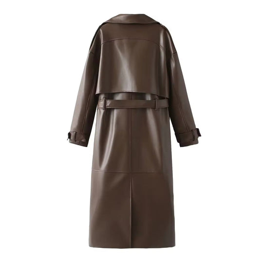 Damen Eleganter Leder Trenchcoat Herbst Chic
