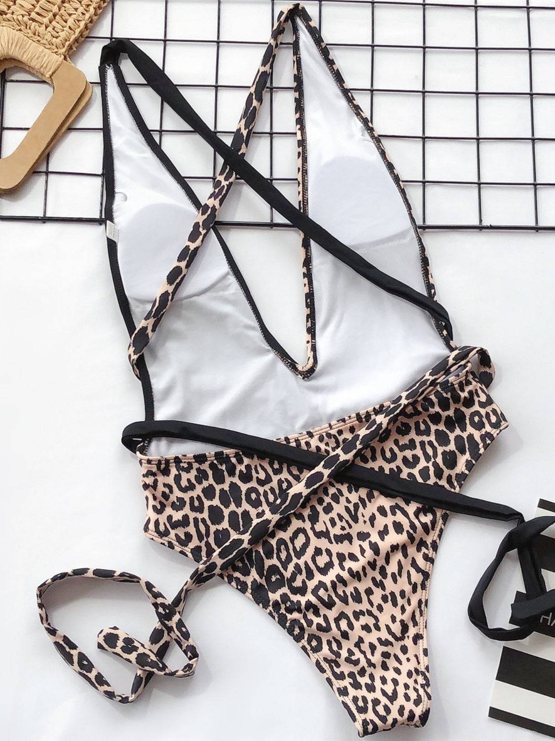 Damen Tie Leopard Plunge Einteiler Badeanzug
