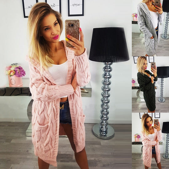 Damen Grobstrick-Kapuzenmantel Fudus